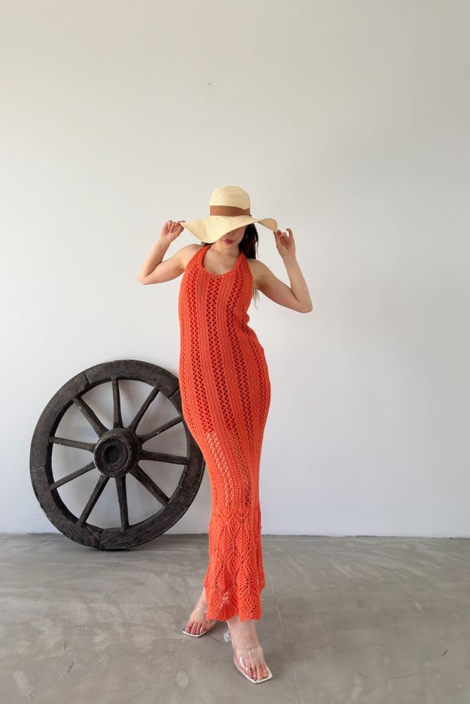 MyBee Lined Knitwear Dress Orange Wholesale Clothing Cotton