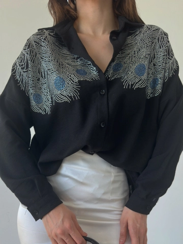A wholesale clothing model wears  Shirt Leaf - Black
, Turkish wholesale Shirt of MyBee