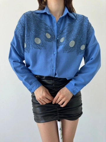 A wholesale clothing model wears  Shirt Leaf - Blue
, Turkish wholesale Shirt of MyBee