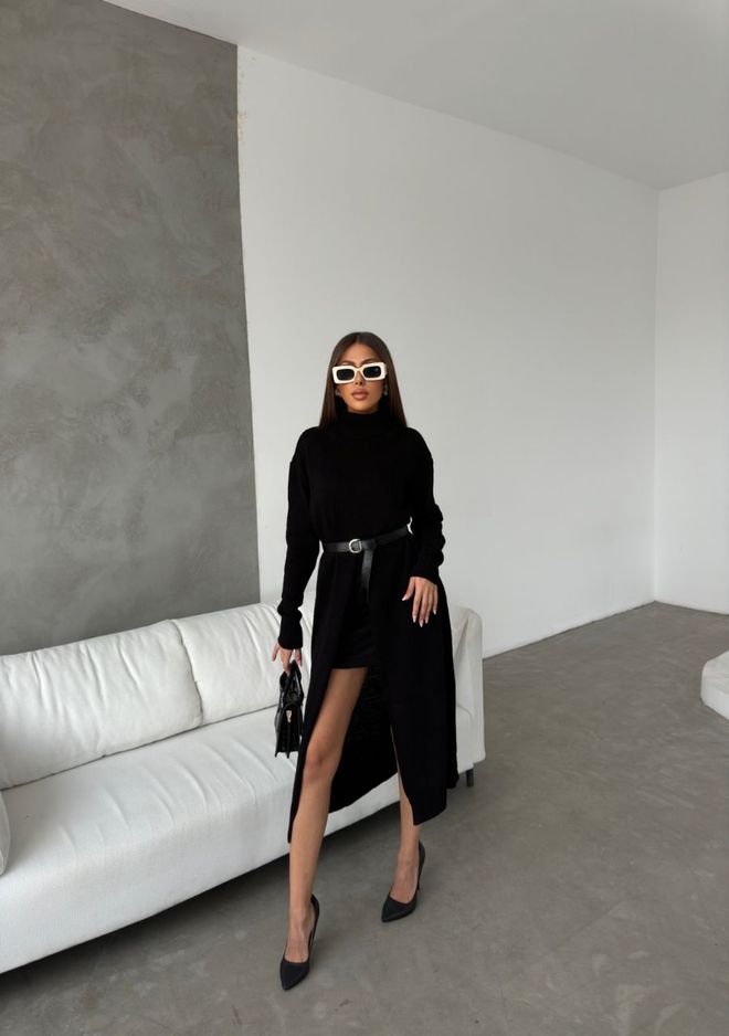 MyBee Slit Detail Dress Black Wholesale Clothing Wool