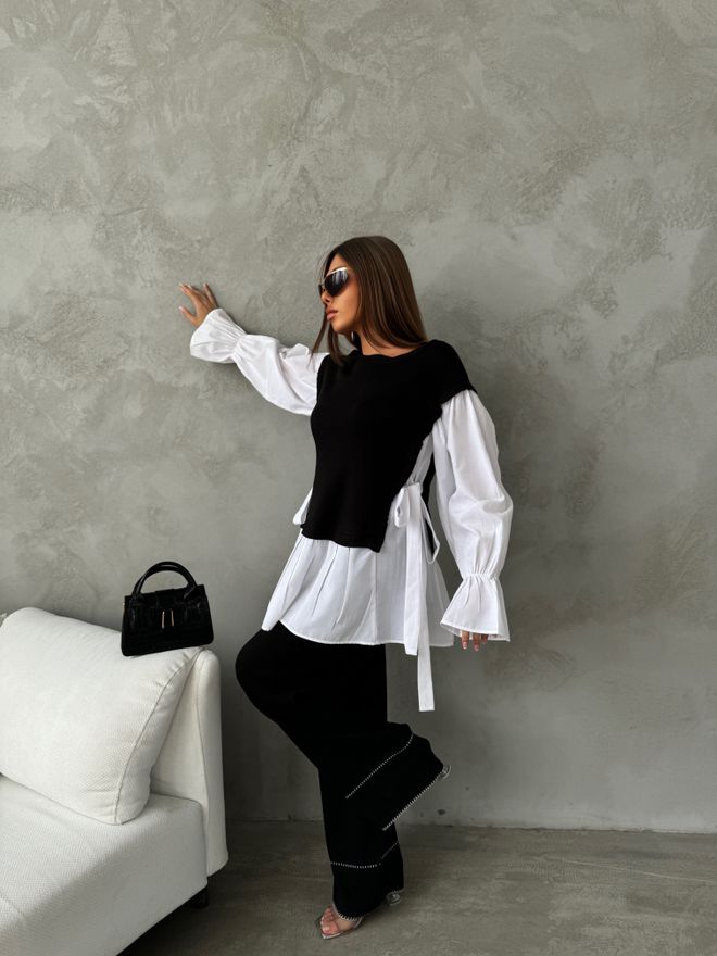 MyBee Shirt Detail Knitwear Set Black Wholesale Clothing Wool