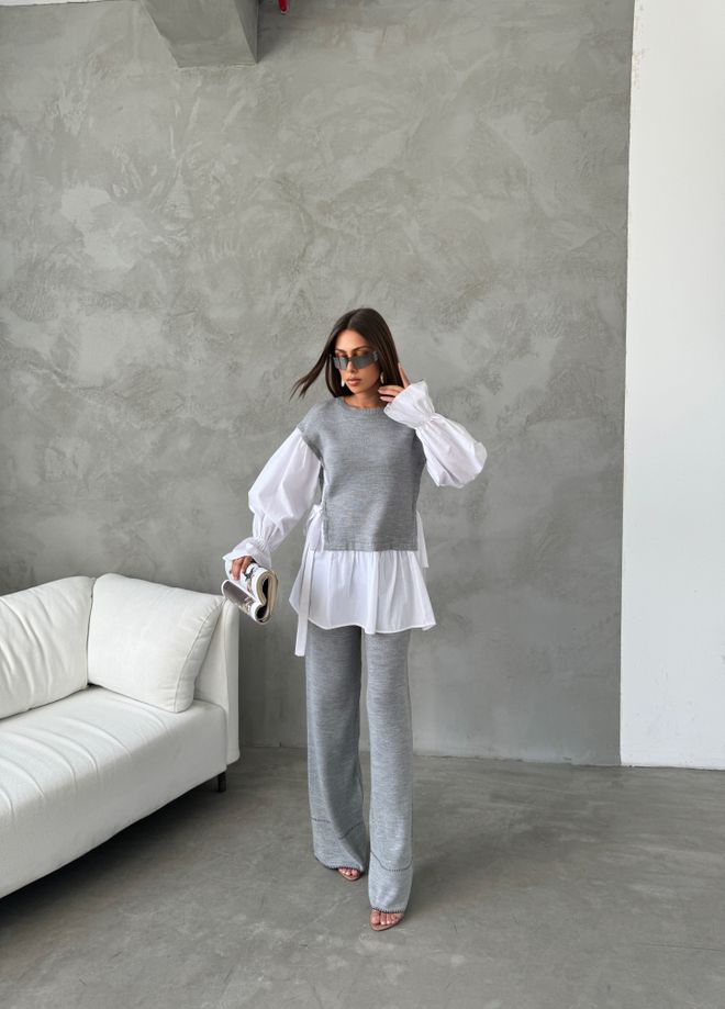 MyBee Shirt Detail Knitwear Set Gray Wholesale Clothing Birthday
