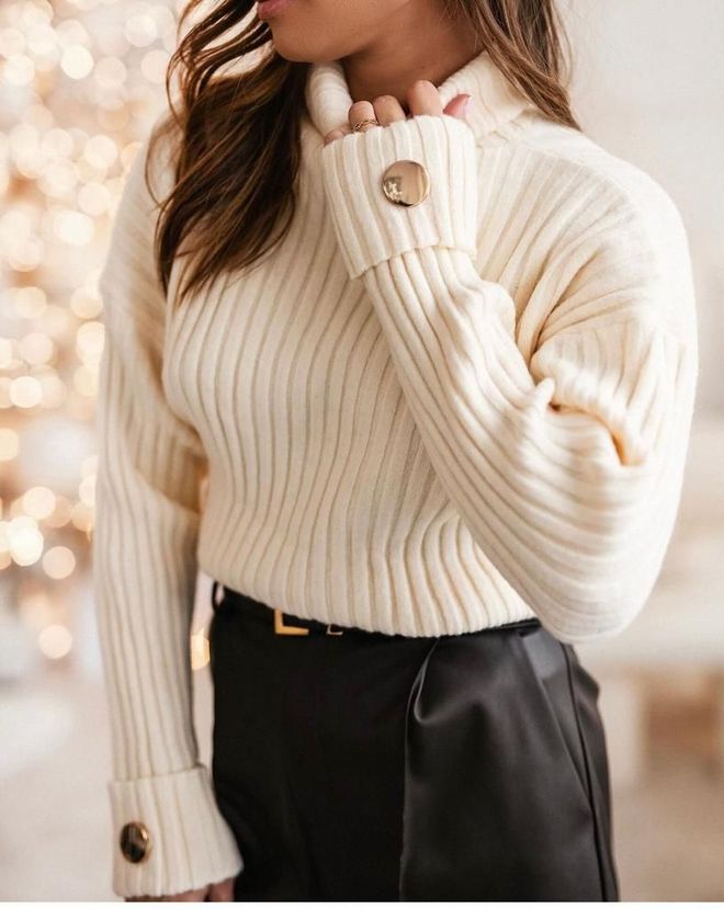 MyBee Turtleneck Sweater With Cufflinks Ecru Wholesale Clothing Casual