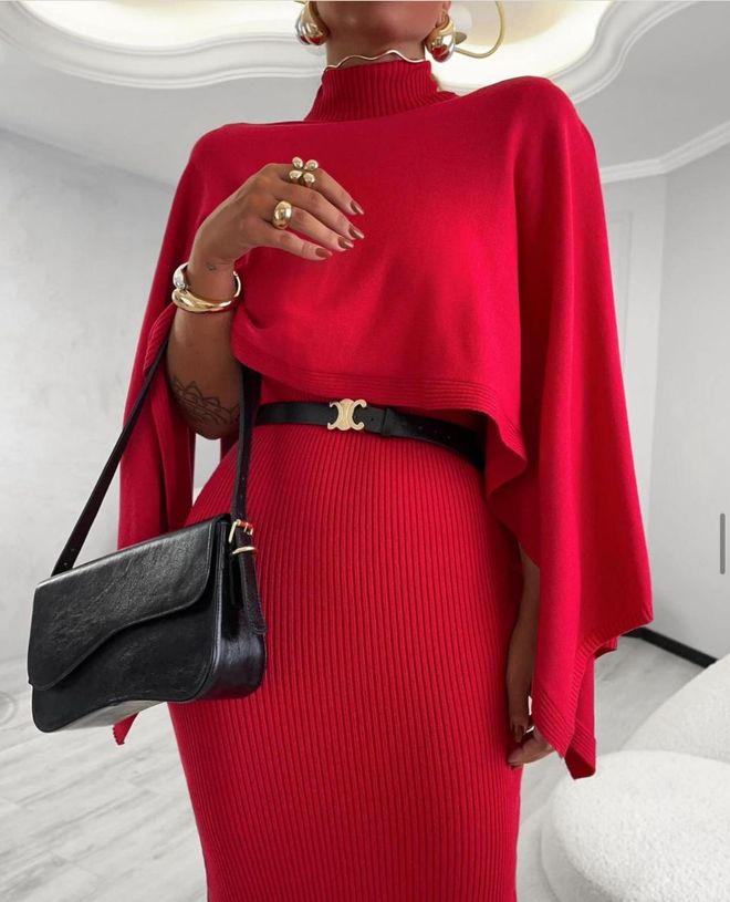 MyBee Gebreide Jurk Blouseset Rood Groothandel Kleding Elegant