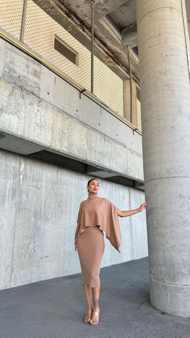 MyBee Gebreide Jurk Blouseset Camel Groothandel Kleding Elegant