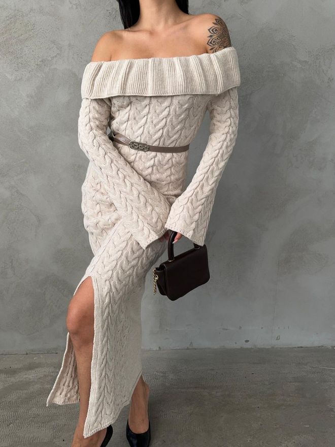 MyBee Madonna Collar Knit Dress (Without Belt) Beige Wholesale Clothing Wool