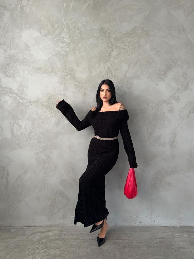 MyBee Madonna Collar Knit Dress (Without Belt) Black Wholesale Clothing Wool