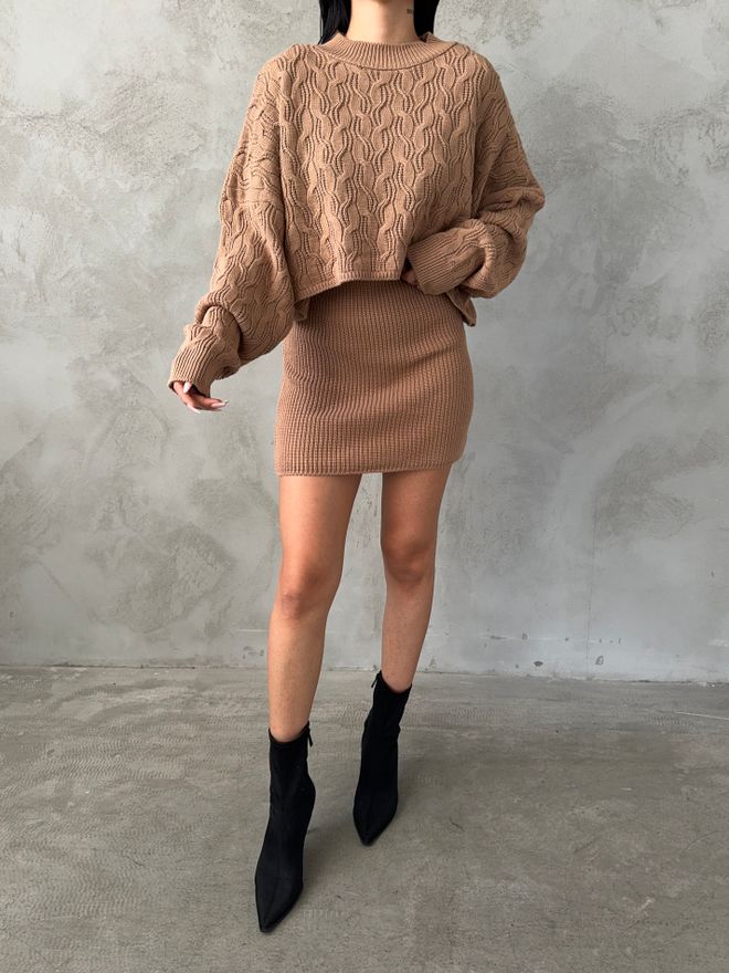MyBee Ensemble Robe Chemisier Tricot Marron Vêtements en gros Décontracté