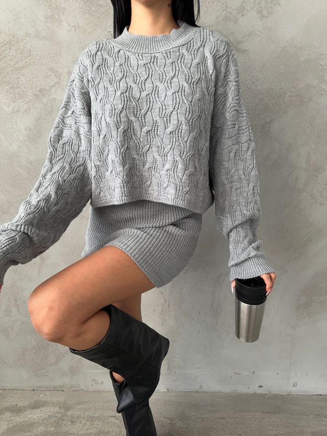 MyBee Kleid Blusen Strickwaren Set – Grau Großhandelskleidung Lässig