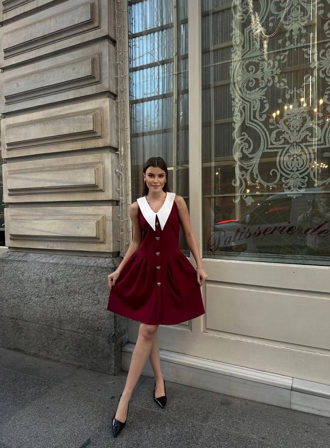 MyBee Abito Con Dettaglio Colletto Rosso Bordeaux Abbigliamento all'ingrosso Preppy