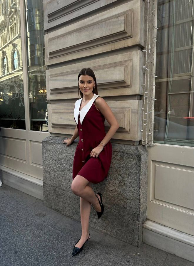 MyBee Yaka Detay Elbise Bordo Toptan Giyim Pamuk