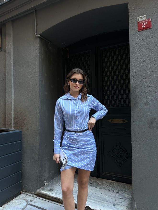 MyBee Belted Dress Blue Wholesale Clothing Cotton