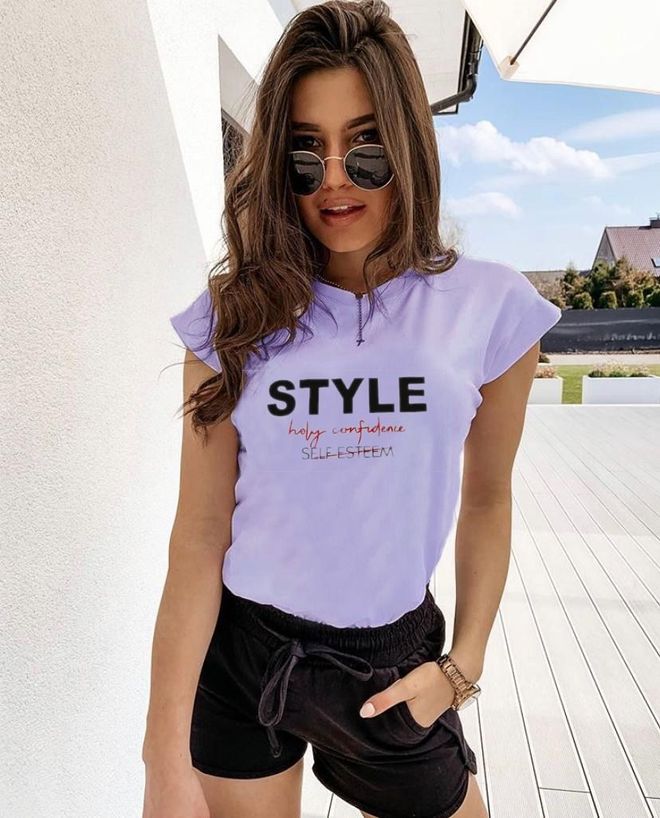 MyBee Stil T Shirt Flieder Großhandelskleidung Lässig