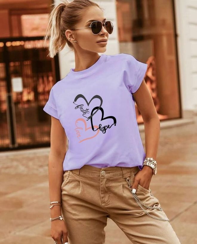 MyBee T Shirt Drei Herzen Flieder Großhandelskleidung Lässig