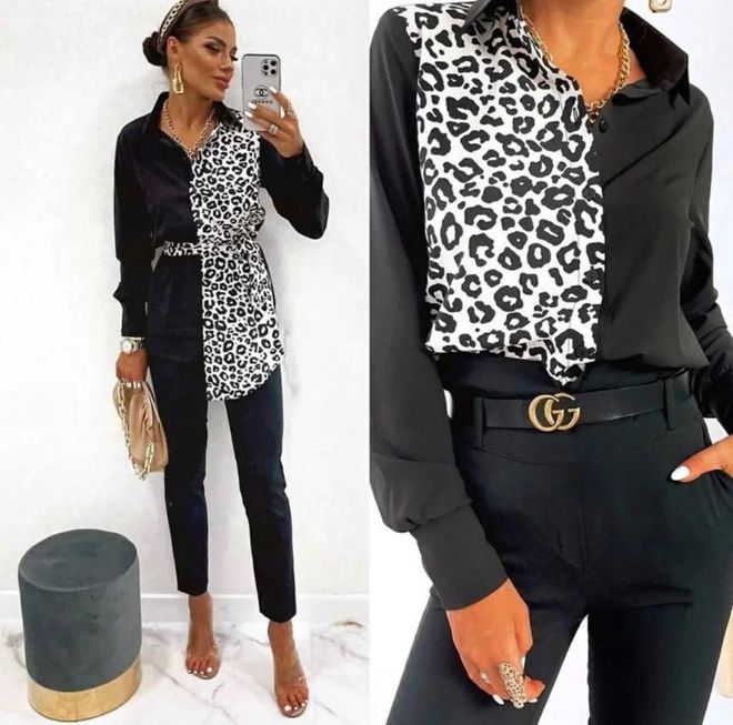 MyBee Leopard Pattern Shirt Black Wholesale Clothing Casual
