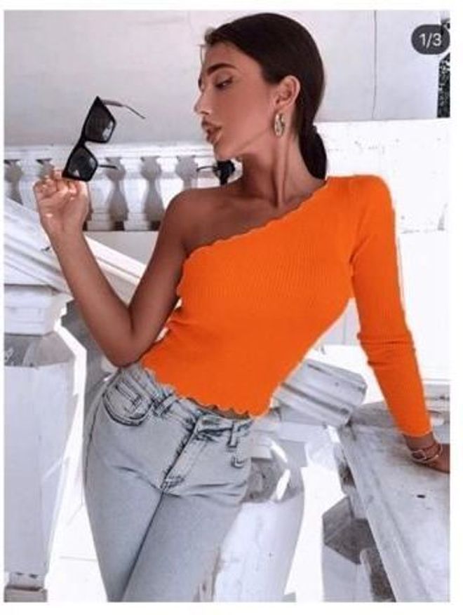 MyBee Crop Top Échelle À Manches Simples Orange Vêtements en gros Décontracté