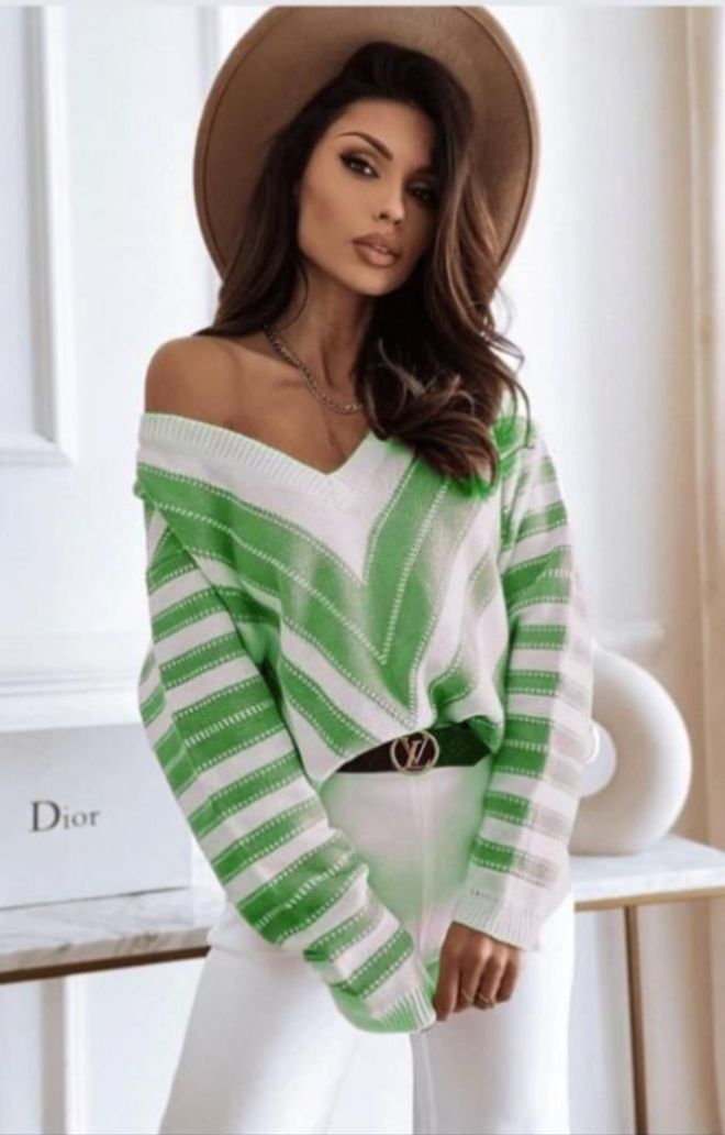 MyBee Stripe V Neck Sweater Green Wholesale Clothing Casual