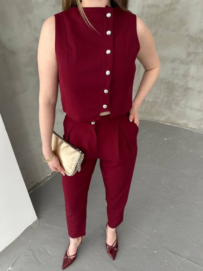 MyBee Ensemble Avec Boutons Et Détails Bordeaux Vêtements en gros Coton