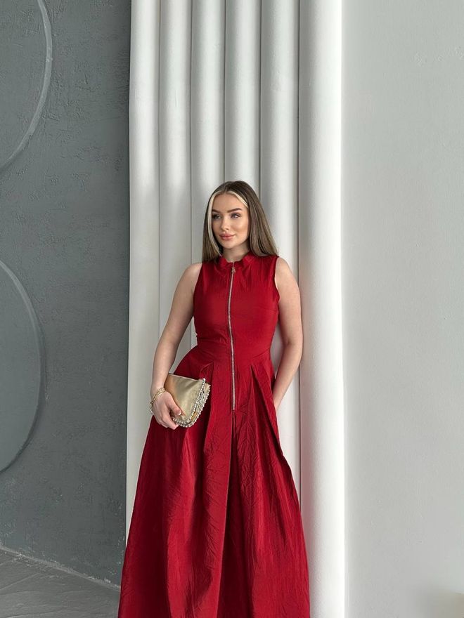 MyBee Zipper Detail Bell Dress Burgundy Wholesale Clothing Cotton