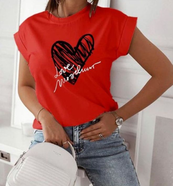 MyBee T Shirt Heart Rossa Abbigliamento all'ingrosso Casuale