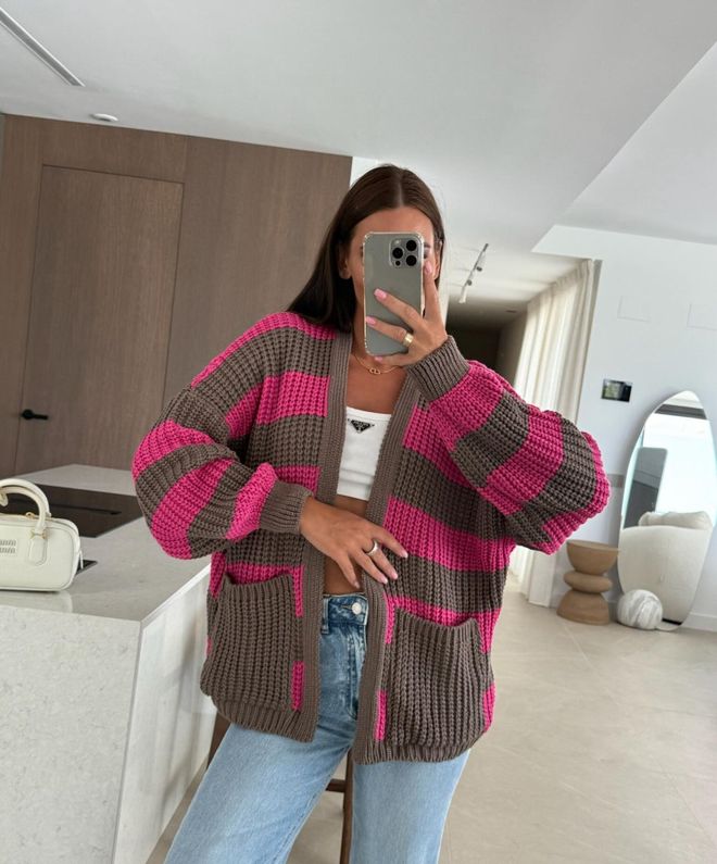 MyBee Brown Casual Oversized V Neck Cardigan Wholesale Clothing Lounge