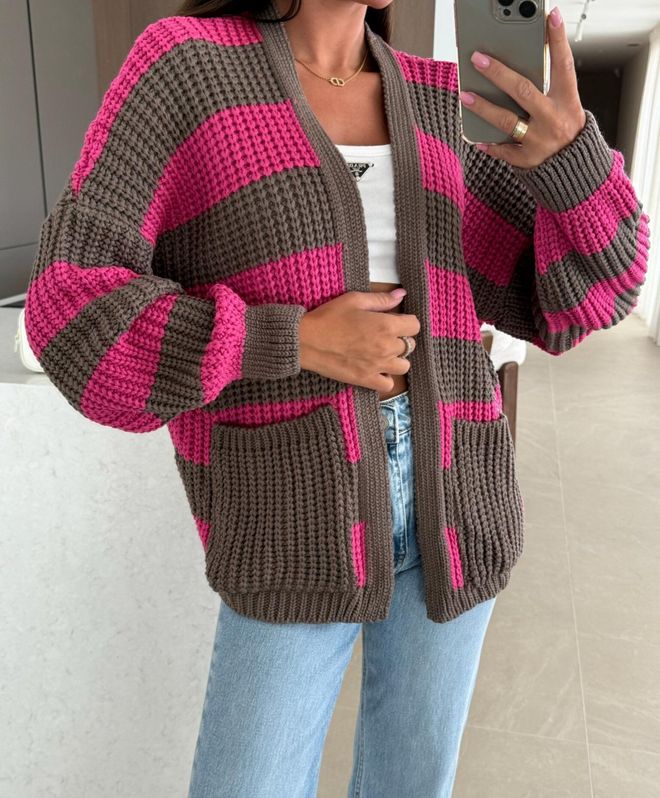 MyBee Brown Casual Oversized V Neck Cardigan Wholesale Clothing 1