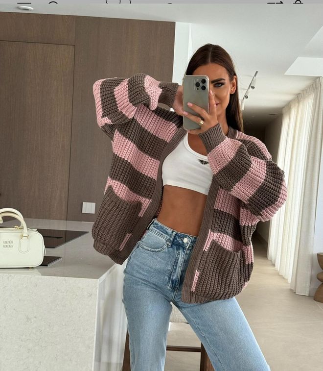MyBee Brown Casual Cardigan With Striped Pattern Wholesale Clothing Casual