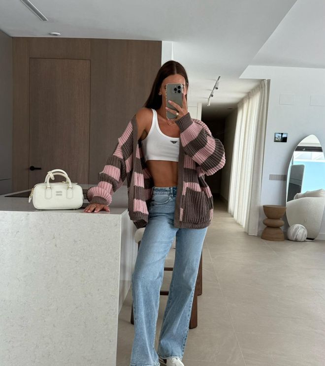 MyBee Brown Casual Cardigan With Striped Pattern Wholesale Clothing 1