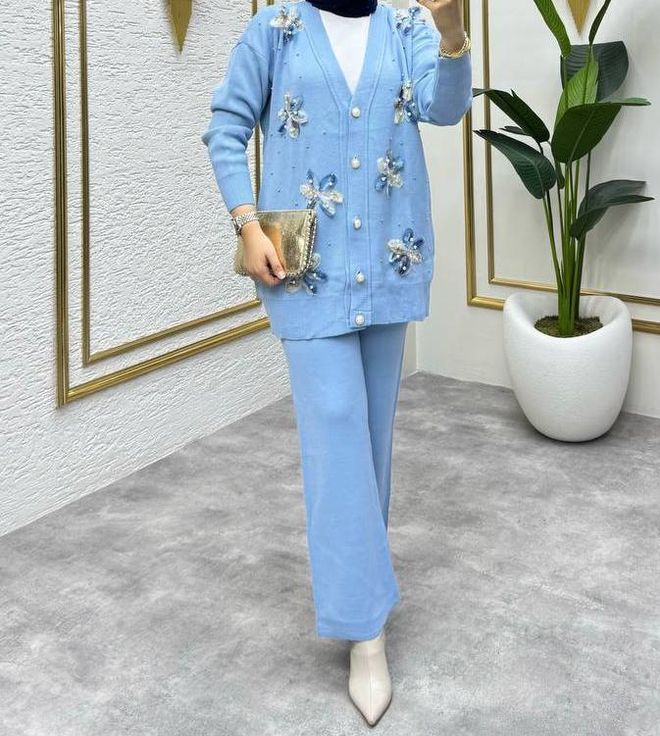 MyBee Blue Elegant Modest Suit With Wide Leg Palazzo Pants Wholesale Clothing 1