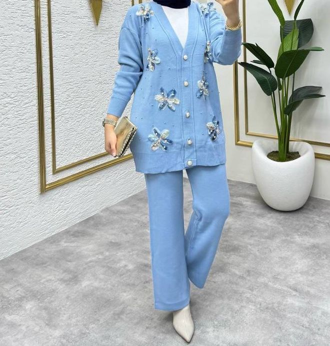 MyBee Blue Elegant Modest Suit With Wide Leg Palazzo Pants Wholesale Clothing Lounge