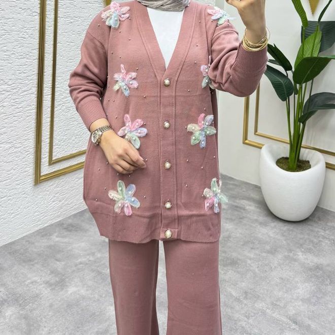 MyBee Pink Elegant Modest Suit With Floral Pattern Wholesale Clothing 1
