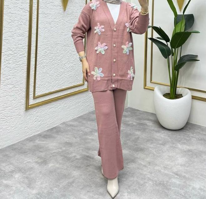 MyBee Pink Elegant Modest Suit With Floral Pattern Wholesale Clothing Lounge