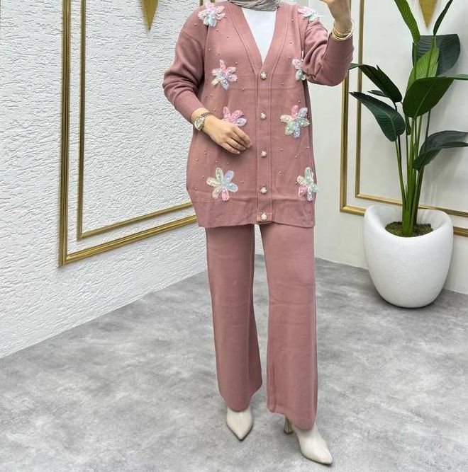MyBee Pembe Zarif Tesettür Takım Çiçekli Desenli Toptan Giyim Tesettür