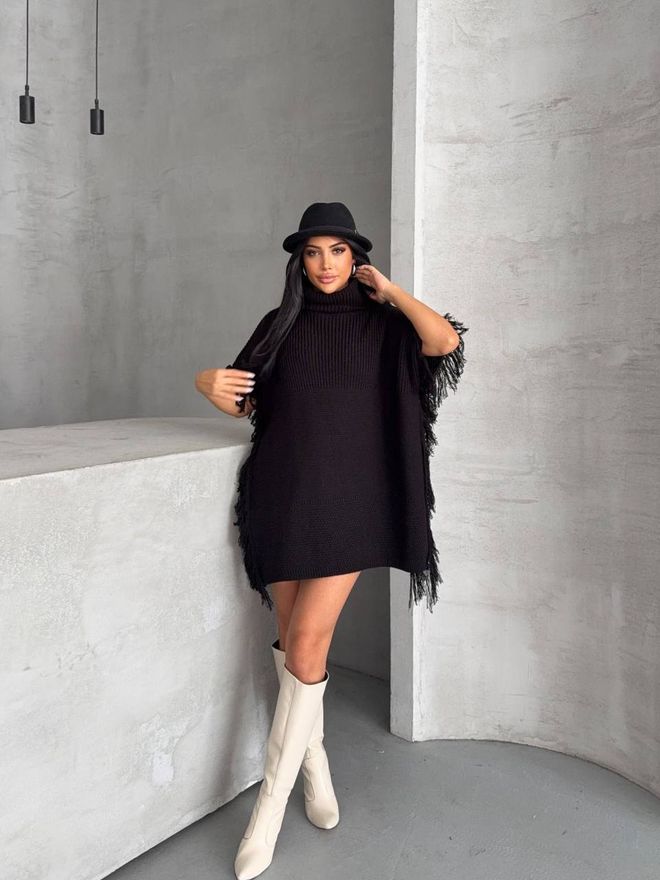MyBee Poncho Com Detalhes Em Borla Preto Roupas por atacado 0