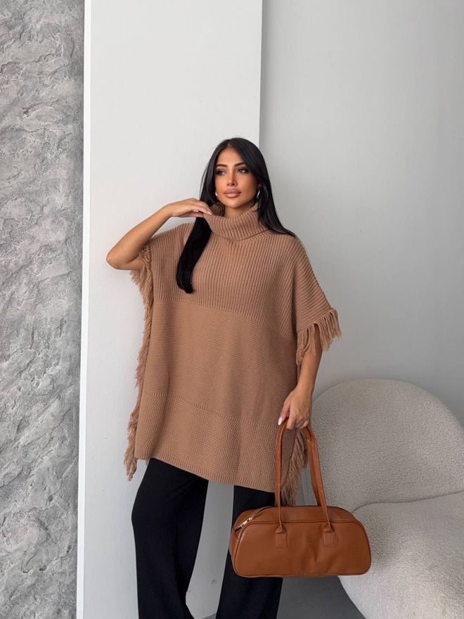 MyBee Poncho Com Detalhes Em Borla Marrom Roupas por atacado 0