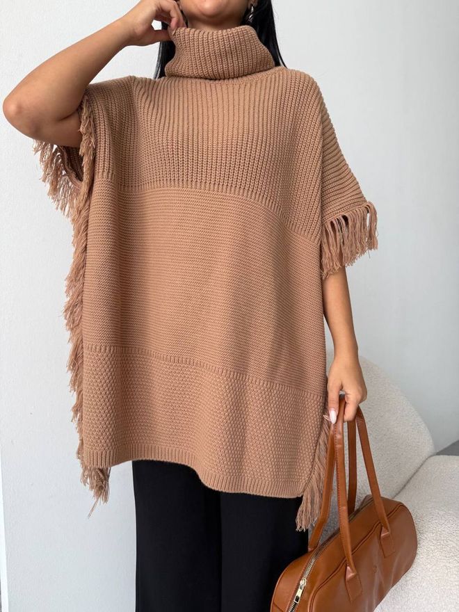 MyBee Beige Oversized Fit Turtle Neck Poncho Wholesale Clothing 1