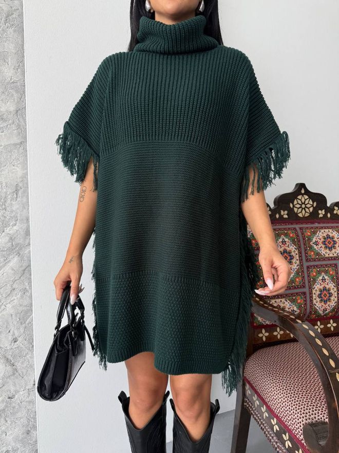 MyBee Poncho Com Detalhes Em Borla Verde Escuro Roupas por atacado 0