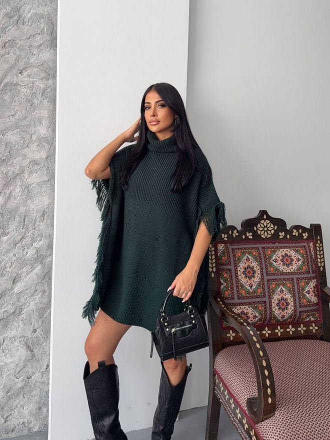 MyBee Green Oversized Fit Turtle Neck Poncho Wholesale Clothing 1