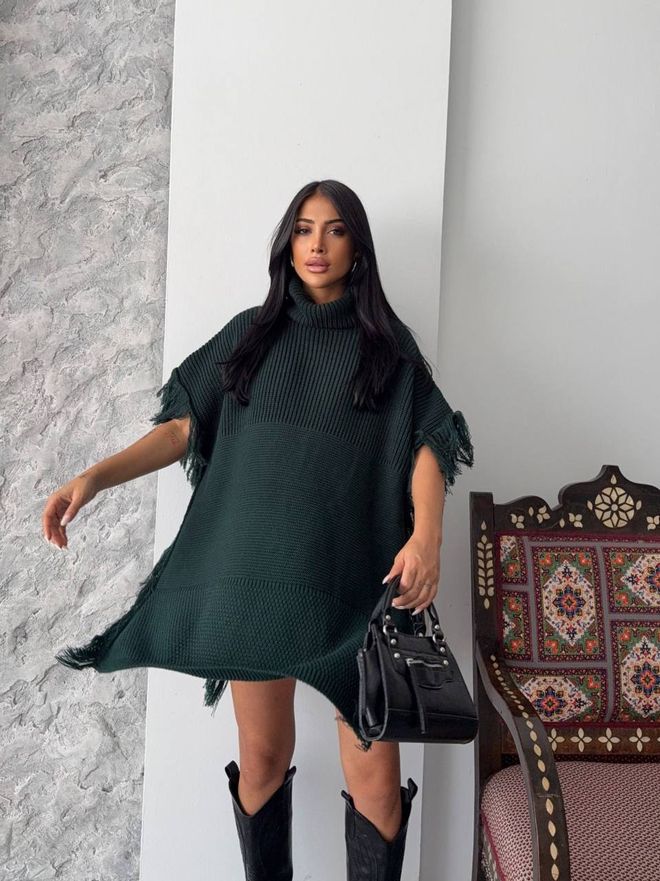 MyBee Green Oversized Fit Turtle Neck Poncho Wholesale Clothing Lounge
