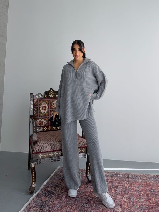 MyBee Traje Gris Oversize Con Pantalones Palazzo De Pierna Ancha Ropa al por mayor 1