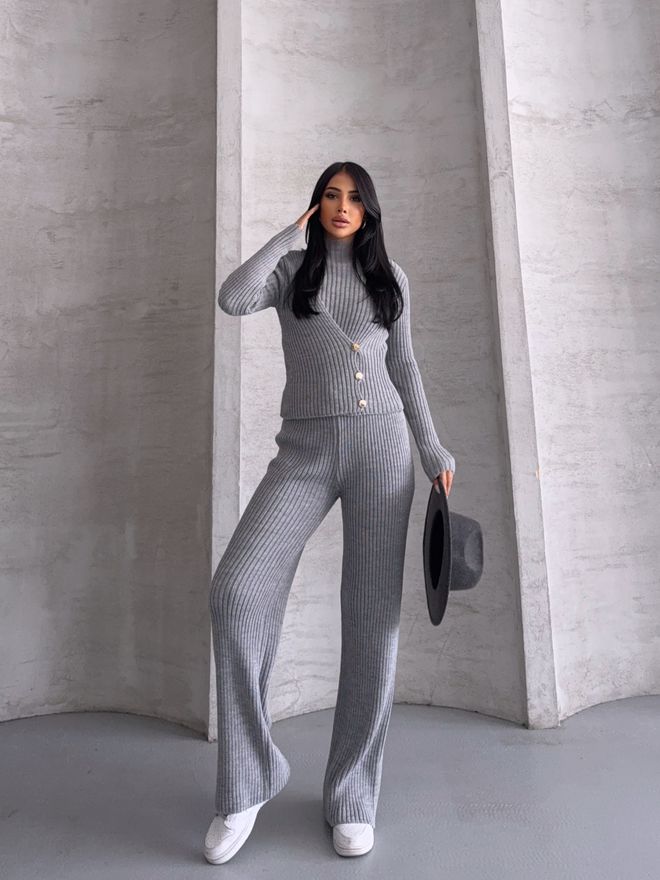 MyBee Grey Striped Formal Suit With Palazzo Pants Wholesale Clothing Casual