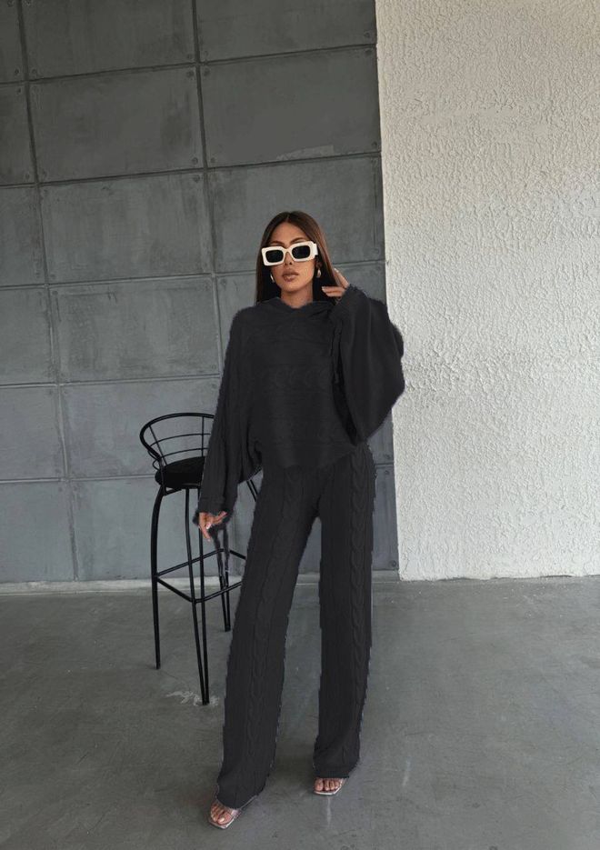 MyBee Ensemble Tricot Hoddie Noir Vêtements en gros Laine