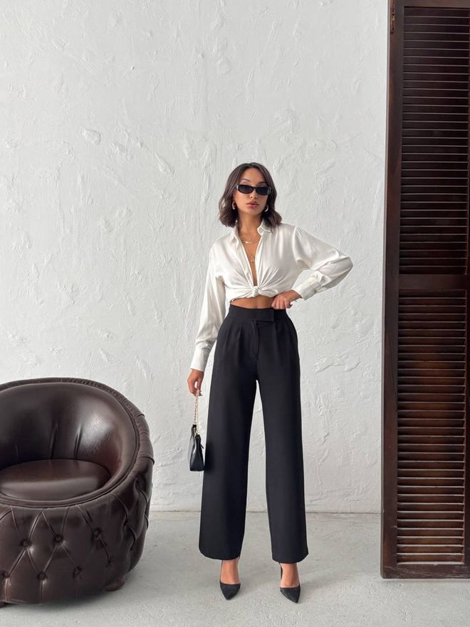 MyBee Siyah Palazzo Pantolon Yüksek Bel Ve Geniş Paça Black Palazzo Pants With High Waist And Wide Leg Toptan Giyim Nostaljik