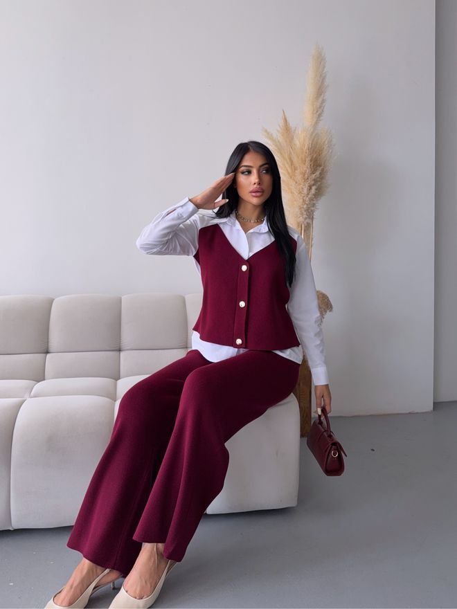 MyBee Claret Red Elegant Buttoned Set Wholesale Clothing Cotton