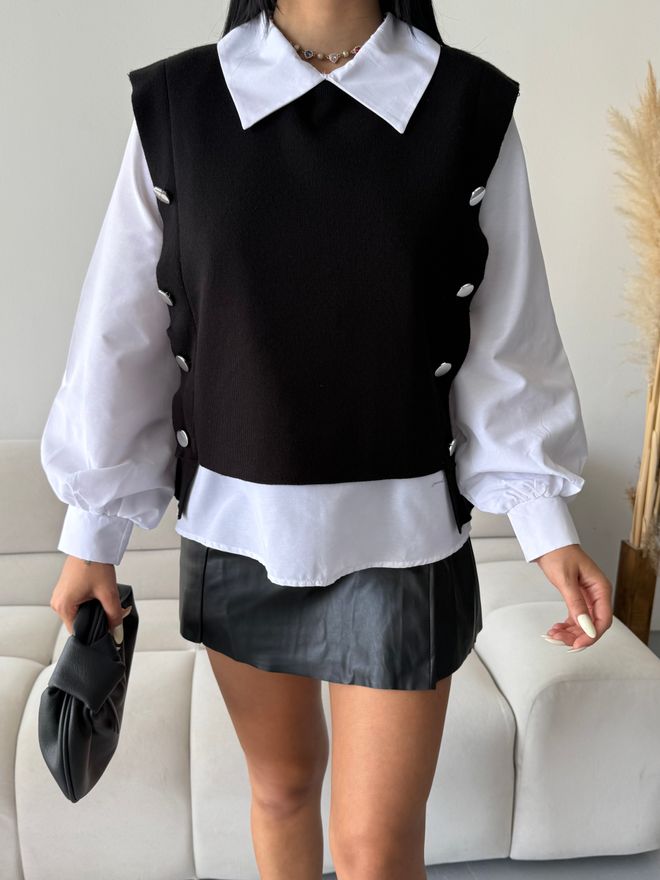 MyBee Chemise Détaillée En Tricot Noir Vêtements en gros Formel