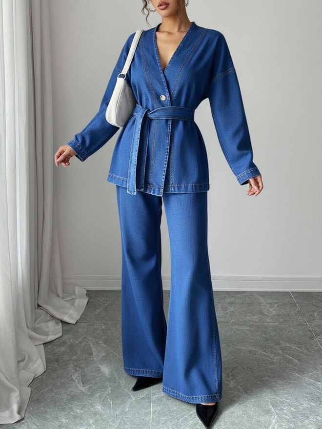 MyBee Mavi Zarif V Yakalı Ve Geniş Paça Palazzo Pantolonlu Takım Toptan Giyim 1