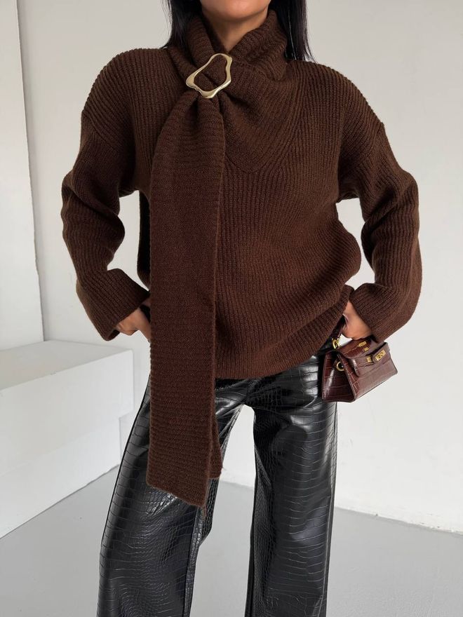 MyBee Καφέ Πουλόβερ Με Ψηλή Λαιμόκοψη Και Μεγάλα Μεγέθη Χονδρικό εμπόριο ενδυμάτων Casual