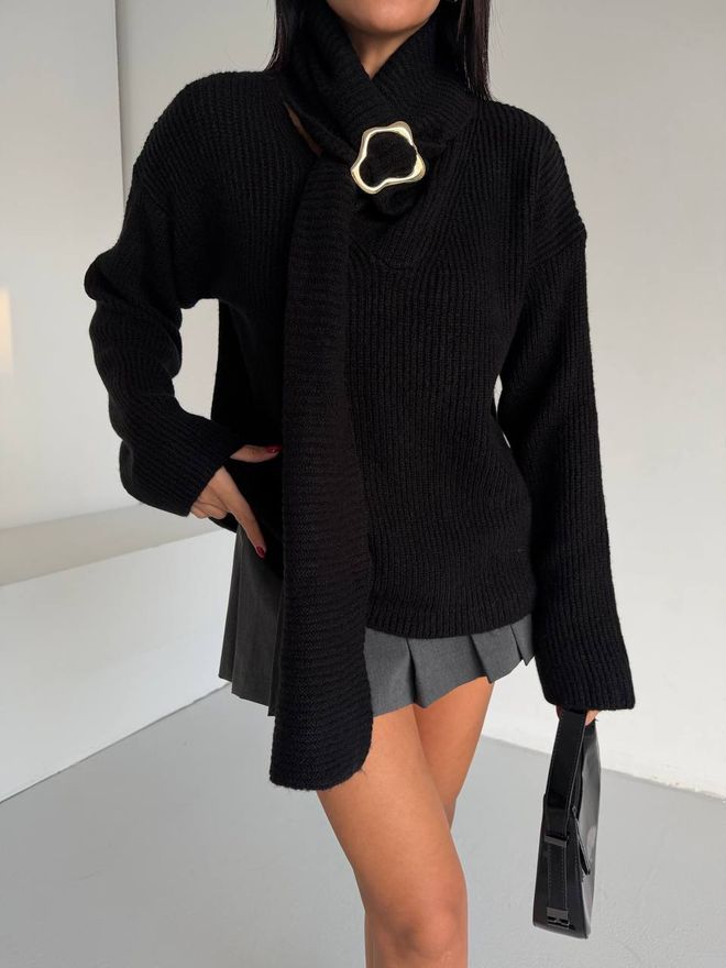 MyBee Jersey Negro De Corte Regular Con Cuello En V Y Mangas Largas Ropa al por mayor Casual