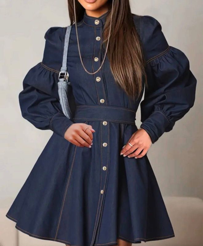 MyBee Elegante Vestido Azul Marino Línea A Con Mangas Campana Ropa al por mayor Modesto