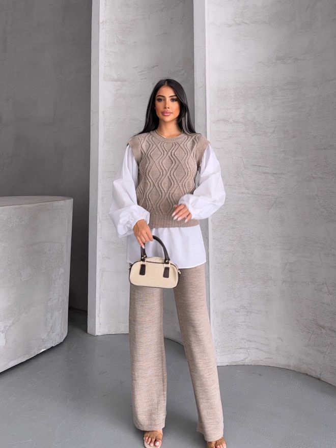 MyBee Traje Beige Con Pantalones Palazzo De Pierna Ancha Ropa al por mayor Modesto